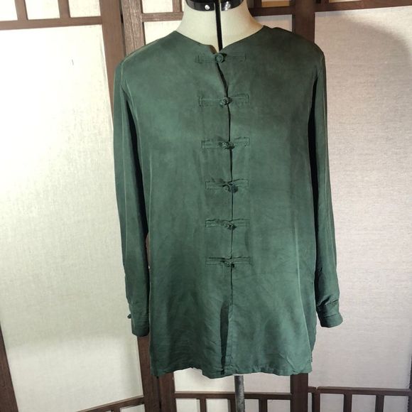 Ann Carson 100% silk Mandarin style knot toggle blouse /Vintage /Med /dark green - Picture 1 of 14
